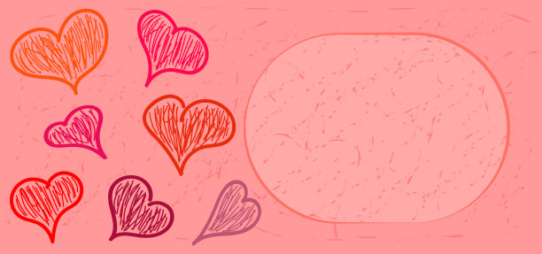 情人节。七个不同形状和颜色的心形轮廓绘制在一个粉红色的背景和框架上图片下载