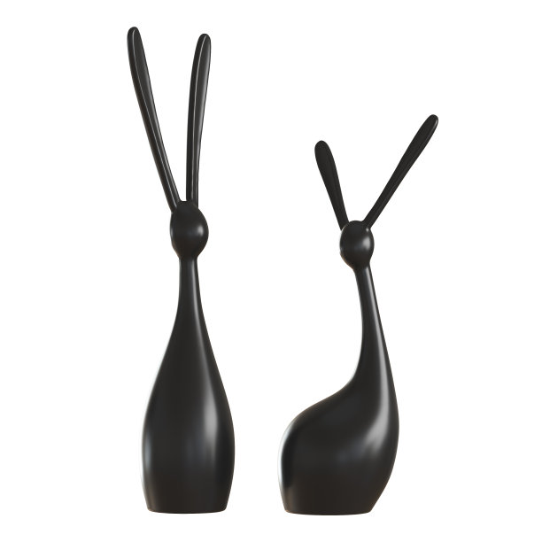 两个黑色的装饰性抽象兔子雕像在白色的背景。三维渲染图片下载