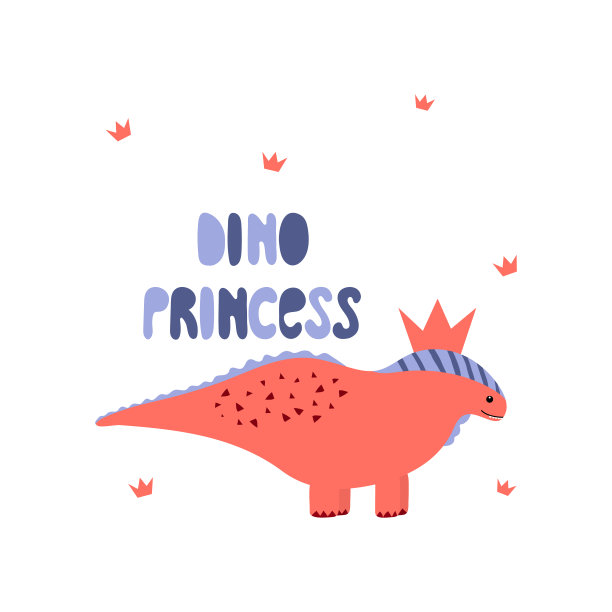 可爱的恐龙女孩印花。为儿童T恤、童装、邀请函设计的酷炫恐龙公主皇冠插画。文字标语。图片下载