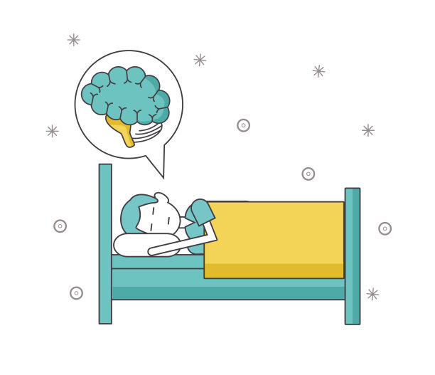 睡在床上的男人和带有大脑图标的语音泡泡图片下载