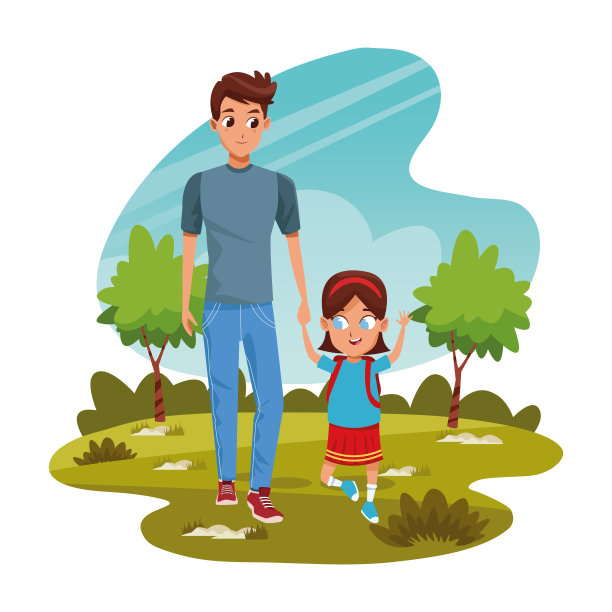 快乐的男人和他的女儿在公园里，五颜六色的设计图片下载