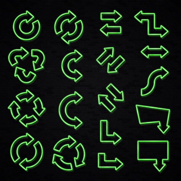 霓虹灯箭头标志设置在黑色砖墙的背景。夜条灯方向指针符号。复古绿色发光电气设计元素。圆形循环箭头明亮的照明矢量插图素材图片