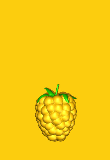 一个黄色的金色浆果，金色覆盆子，黑莓，露莓在黄色的背景。宝石的设计。前视图。照明。3 d演示。图片下载