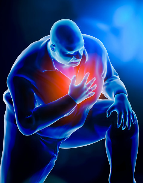 肥胖的肥胖男子跪在遭受心脏病发作或呼吸窘迫或哮喘或肺衰竭三维渲染插图。医疗保健、心肌梗死概念。图片下载