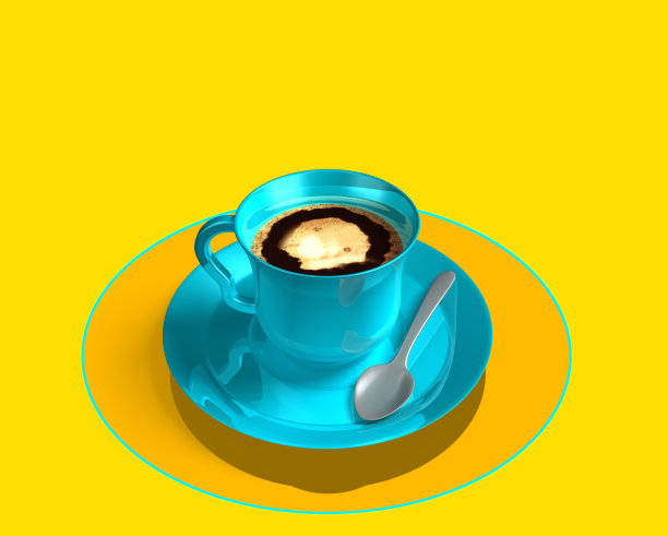 淡黄色背景上的蓝色咖啡杯。数字，移动，智能表。银色的勺子和黄色闪亮的盘子。点餐，智能餐桌概念。顶视图。技术、3 d演示图片下载