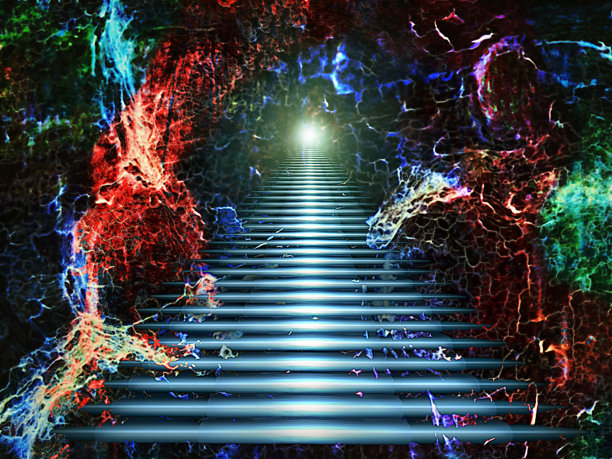 通过第四维度的发光空中楼梯。神奇的梦。爱丽丝穿过兔子洞的路径。图片下载