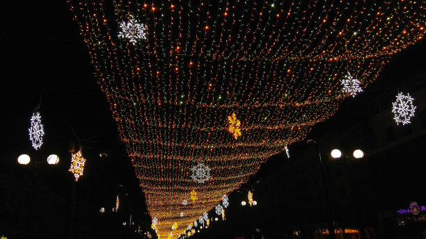 新年/圣诞节黄绿仙子绳网灯上面挂着白色和黄色的雪花灯装饰在街上。图片下载