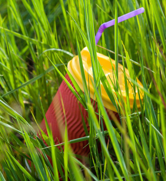 塑料杯放在草地上图片下载