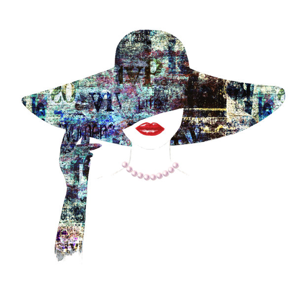 水彩美女与红唇，珍珠项链，手套和帽子与报纸印刷图片下载