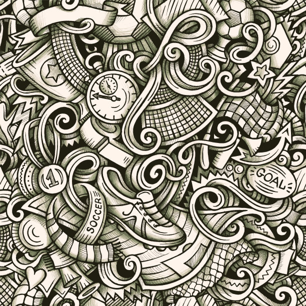 足球矢量手绘涂鸦无缝模式。图形背景设计。图片下载