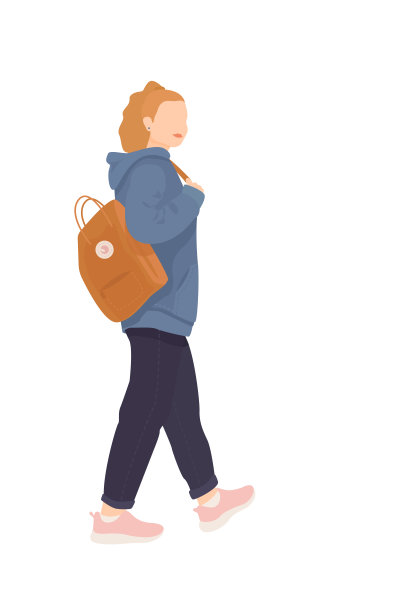 现代时尚的女孩女人穿着时髦的衣服与一个背包。女性的卡通人物。平面彩色矢量图图片下载