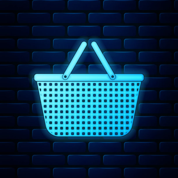霓虹灯购物篮图标孤立在砖墙背景上。网上购物的概念。送货服务信号。购物车的象征。矢量图图片下载