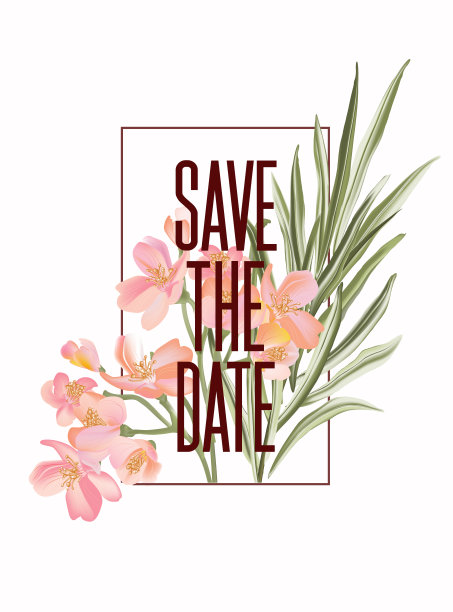 保存日期卡模板设计，绿色叶植物与粉红色盛开孤立在白色背景，极简复古风格向量图片下载