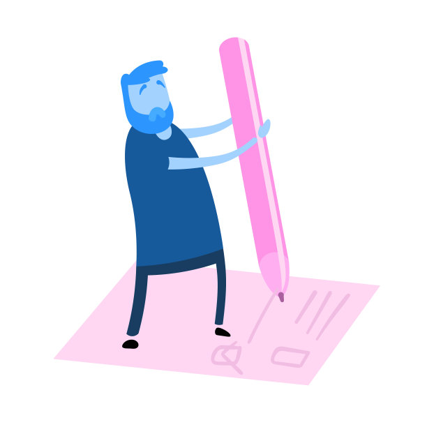 卡通人物拿着大铅笔，在清单上打勾。卡通设计图标。彩色的平面矢量插图。孤立在白色背景上。图片下载