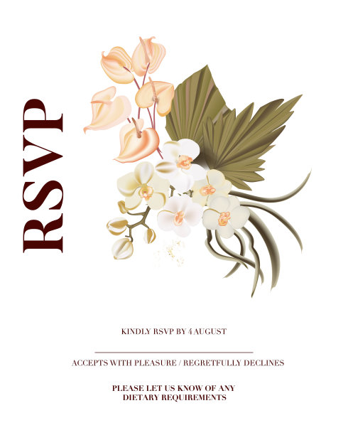 请回复潘帕斯草，干棕榈，兰花，马蹄莲现实的卡片，现代乡村的婚礼邀请。象牙波西米亚花束，婚礼卡片邀请，新娘节日装饰向量图片下载