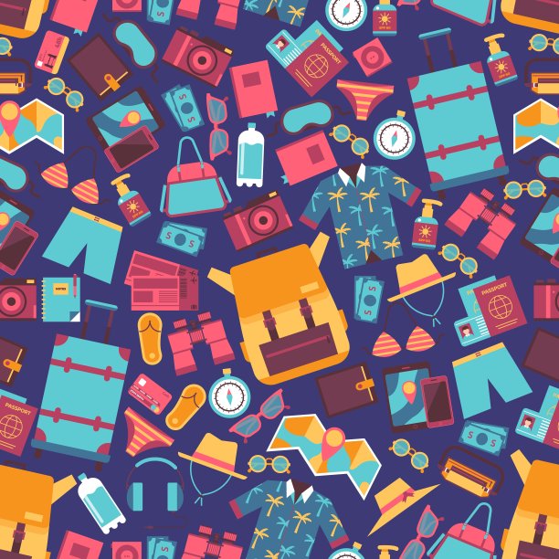 暑假无缝图案，矢量插图。海边休闲服装和配件在平的风格，泳衣，背包和小玩意。假期旅行图标图片下载