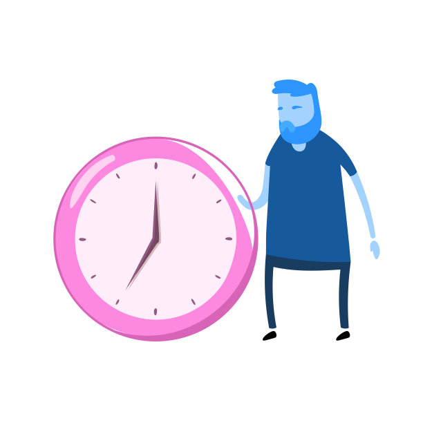 卡通人物站在大钟旁边。卡通设计图标。彩色的平面矢量插图。孤立在白色背景上。图片下载