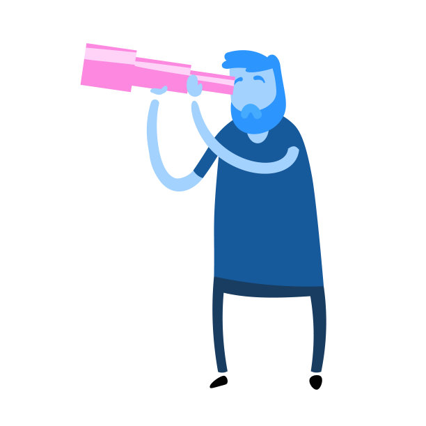 卡通人物透过望远镜看。卡通设计图标。彩色的平面矢量插图。孤立在白色背景上。图片下载