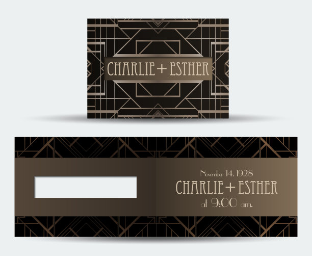 装饰艺术复古邀请函模板设计，带有女郎插图、图案和框架。复古派对背景套装（1920年代风格）。适用于魅力活动矢量素材图片下载