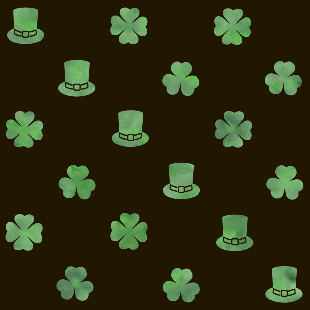 水彩帽子和三叶草叶子在黑色的背景。无缝模式。圣帕特里克节。图片下载