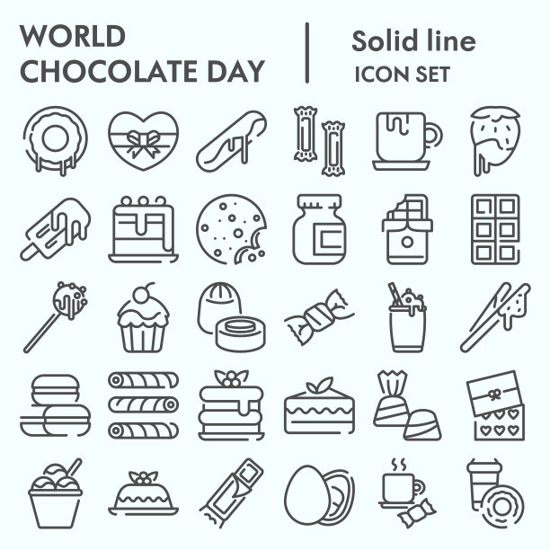 世界巧克力日线图标集，巧克力和糖果集符号收集，矢量草图，标志插图，计算机网络标志线性象形图包装孤立在白色背景，eps 10。图片下载