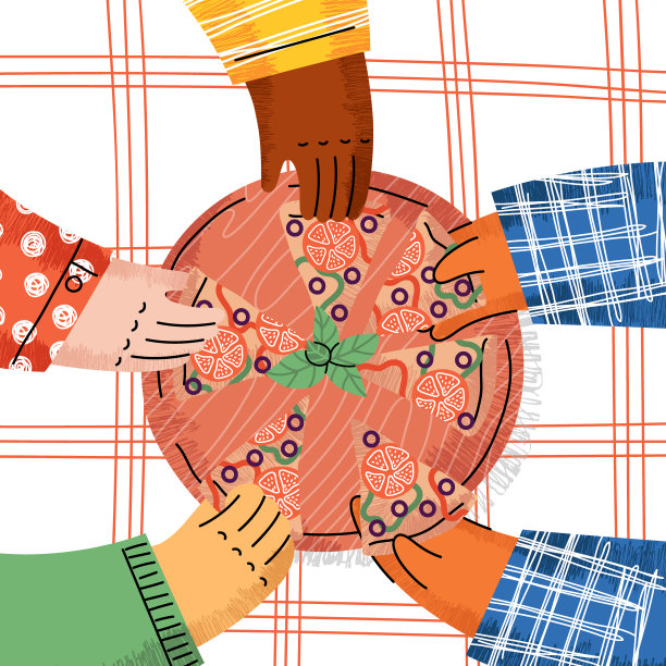 不同国家的人一起吃披萨。图片下载