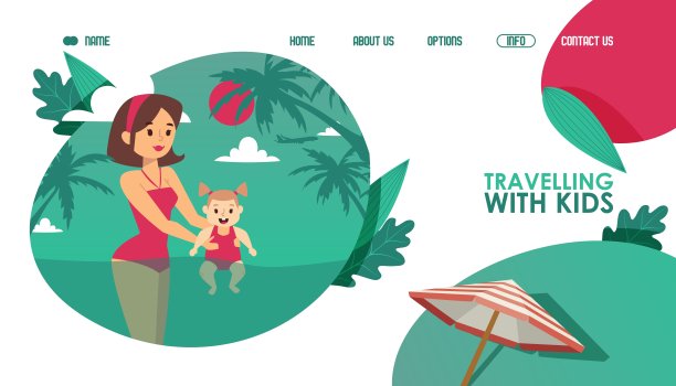 和孩子们一起旅行的运动网站，矢量插图。登陆页面模板，旅行社为有孩子的家庭提供。年轻的母亲和女婴图片下载
