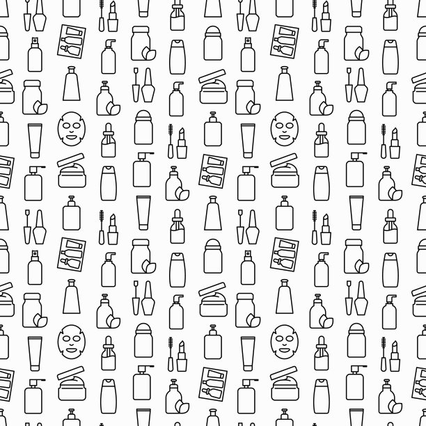 美妆店无缝图案与细线图标:护肤霜、凝胶、有机化妆品、彩妆、皂液器、指甲护理、面油、磨砂膏、洗发水、面膜。现代向量插图。图片下载