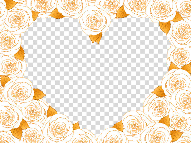 金玫瑰心相框。花俯视图平放图片边界。闪亮的轮廓线玫瑰与金色的叶子，透明的背景。图片下载