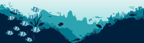 鱼和海藻在礁石的背景上。水下海洋场景。深蓝色的海水，珊瑚礁和水下植物。美丽的水下景色;带有珊瑚礁的矢量海景。图片下载