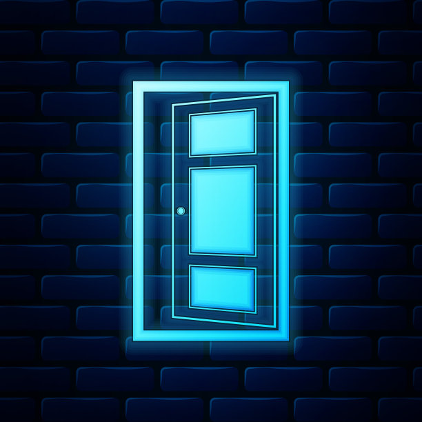 发光的霓虹灯打开门图标孤立在砖墙的背景。矢量图图片下载
