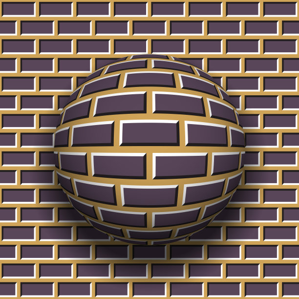 在墙壁背景上旋转的砖块图案球体。向量的错觉。图片下载