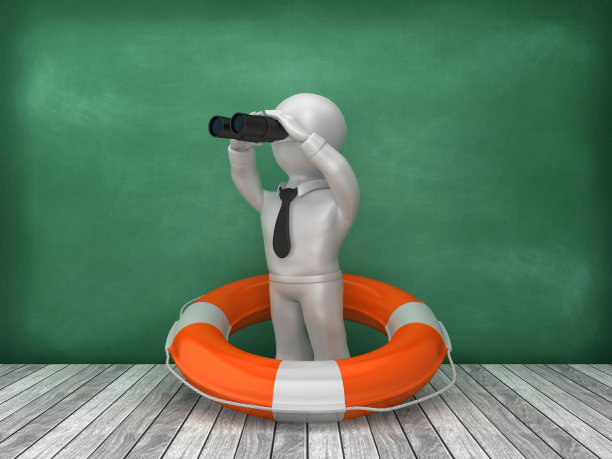 生活带与商业特征和双筒望远镜在木地板-黑板背景- 3D渲染图片下载