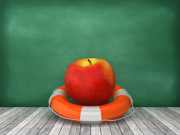 生命带与苹果在木地板-黑板背景- 3D渲染图片下载