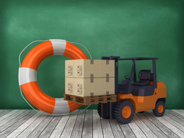 生命带与叉车在木地板上-黑板背景- 3D渲染图片下载