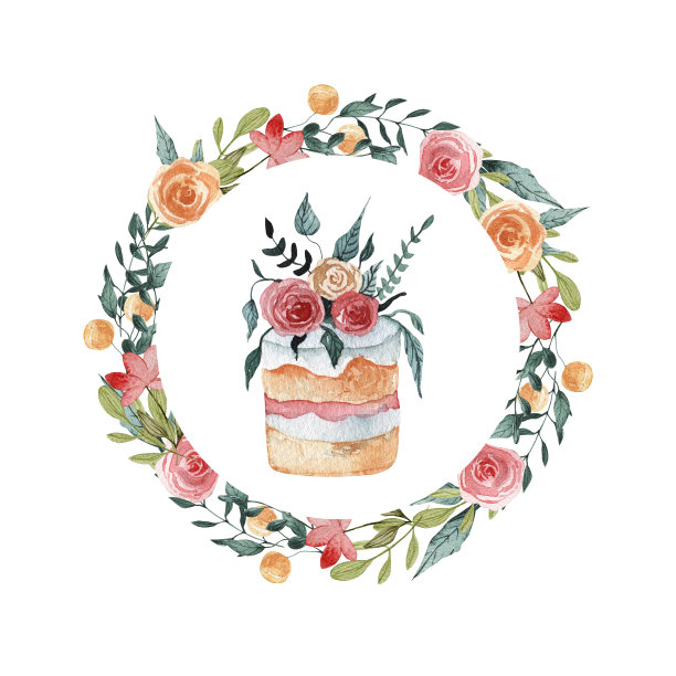 花卡。春季复活节花卉插图圆框。婚礼蛋糕甜点。夏日花园花粉红玫瑰收集图片下载