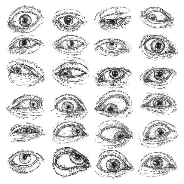 集人眼在不同方向和情感的各种画。所有的眼睛，象征着梅森作为一个选择的设计元素。人的视野。向量。图片下载