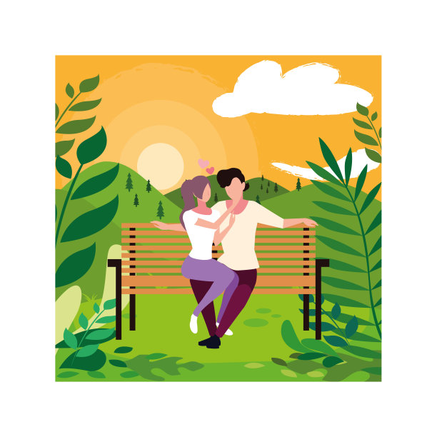 一对相爱的情侣坐在公园的椅子上图片下载