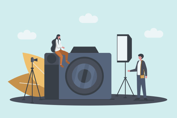 摄影师概念与大相机。专业摄影师为模特拍照。艺术职业与摄影课程。平的风格。矢量图素材图片