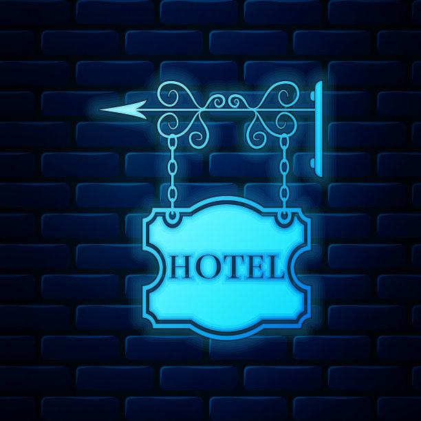 霓虹灯招牌户外广告与文字酒店图标孤立在砖墙背景。矢量图图片下载