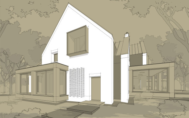 池塘上现代熟料房的3d渲染，工艺背景上有水池黑线图片下载