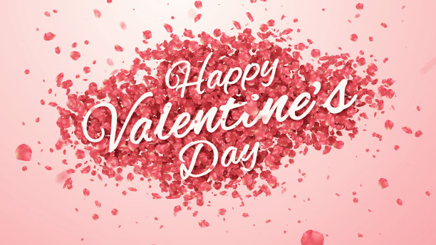 情人节快乐文字粉红玫瑰花瓣五彩纸屑背景图片下载