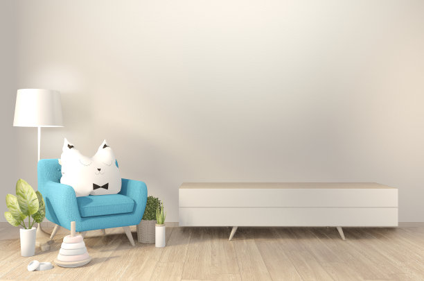 室内海报模拟橱柜在客厅与浅蓝色扶手椅。3 d渲染。图片下载