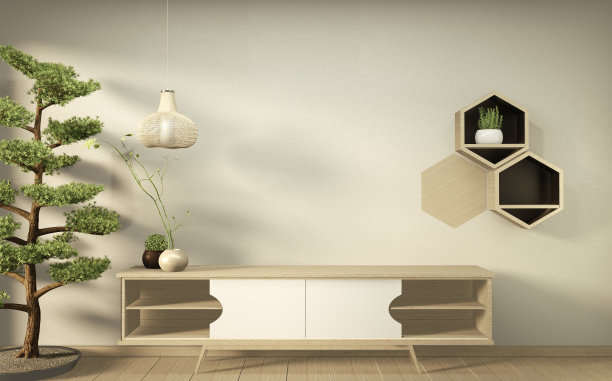 墙上的电视和木柜在现代的空房间日本简约设计。三维渲染图片下载