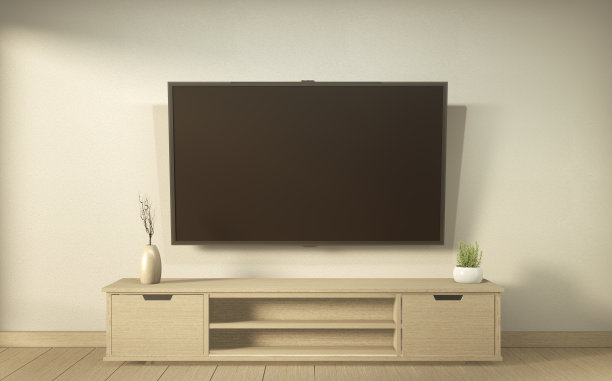 电视柜在现代空室日式禅宗风格，极简设计。三维渲染图片下载