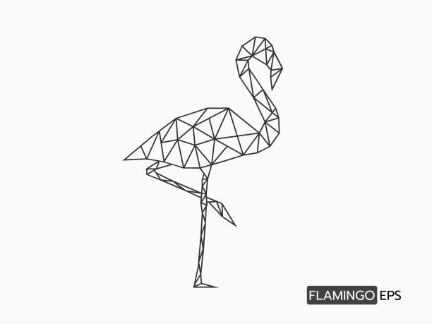 孤立多边形风格的火烈鸟图形黑色轮廓简单的线性背景，图标，标志，横幅，标签等平面矢量设计。图片下载