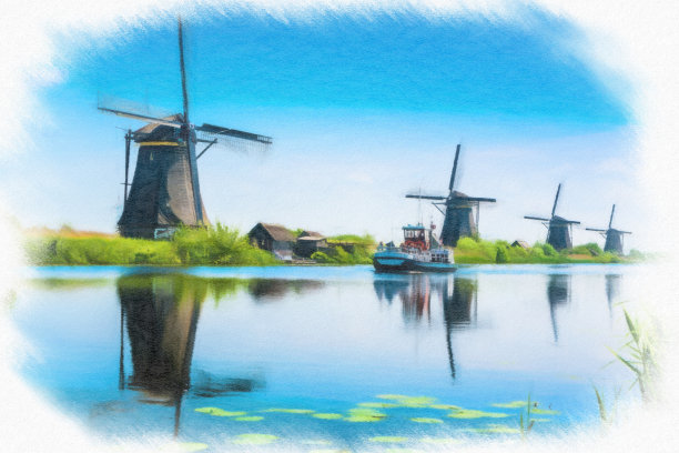 传统的荷兰风车和房屋图片下载