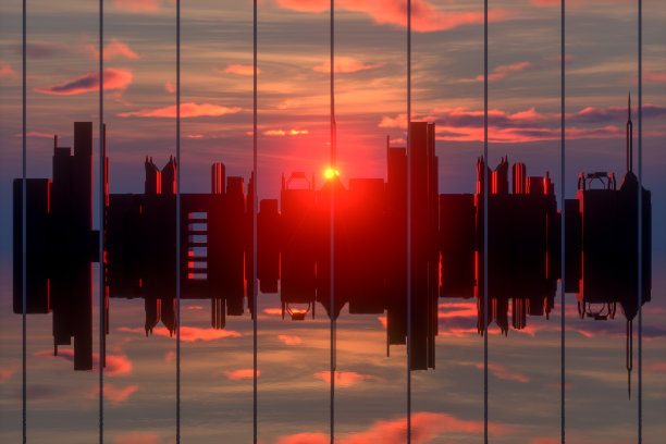 3D城市天际线和日光反射图片下载