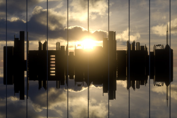 3D城市天际线和日光反射图片下载