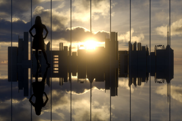 3D城市天际线在阳光和思考的女人图片下载